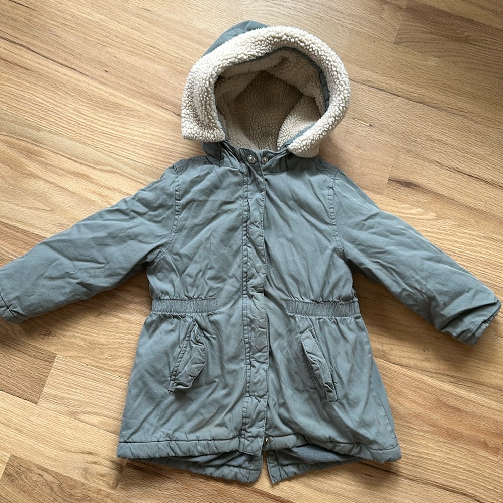 Petit Bateau warm/cozy gray winter coat, fleece lining, pockets, girls sz 5 yrs